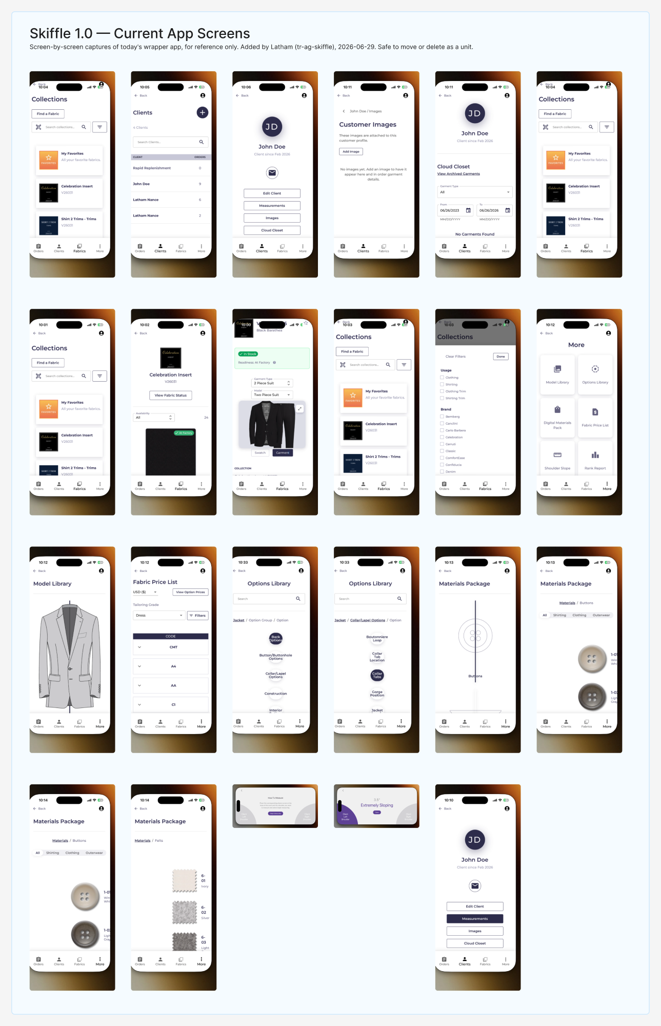 Skiffle 1.0 complete screen reference — all existing screens annotated and mapped against the Trinity dealer web app